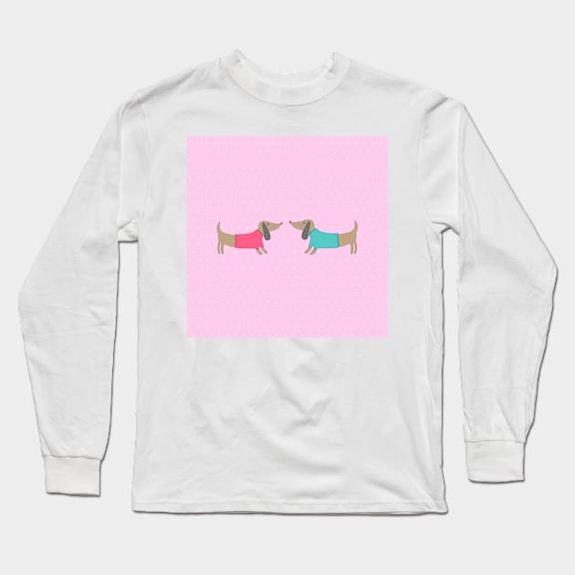 Cute dogs in love with dots in pink background Long Sleeve T-Shirt by bigmomentsdesign